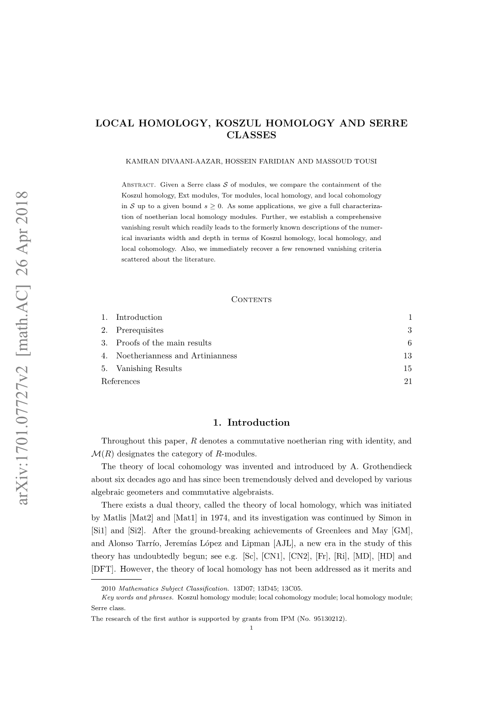 Local Homology, Koszul Homology and Serre Classes 3