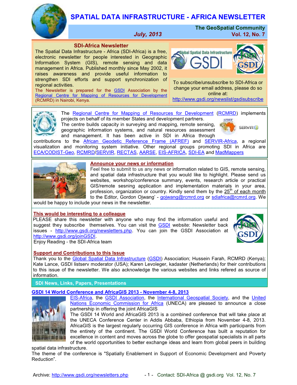 AFRICA NEWSLETTER the Geospatial Community July, 2013 Vol