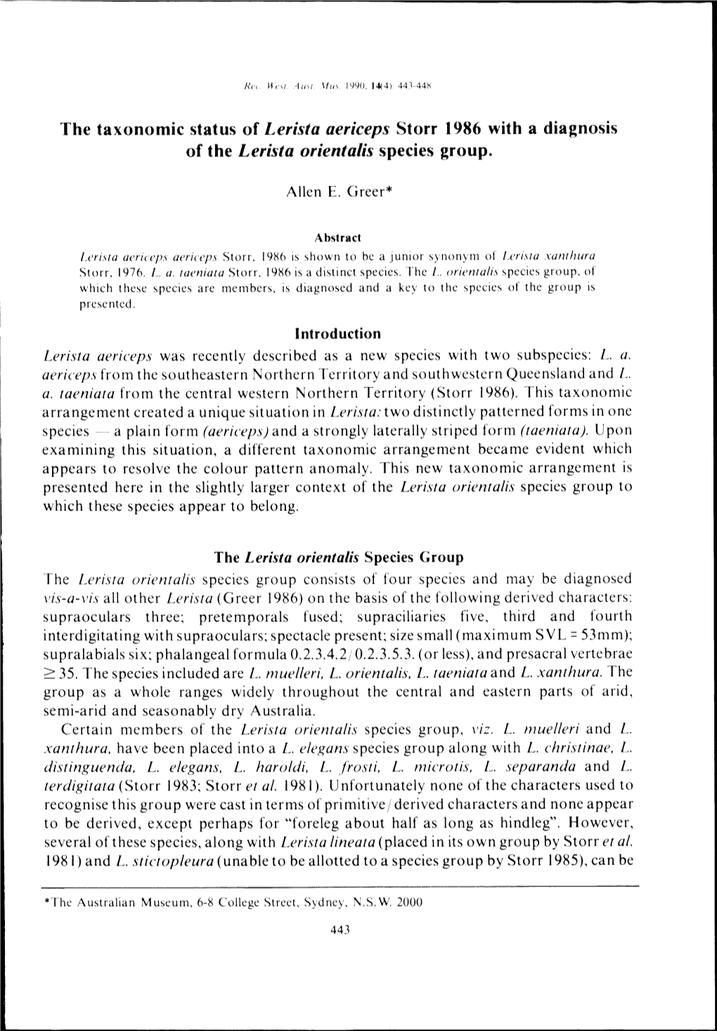 The Taxonomic Status of Lerista Aericeps Storr 1986 with a Diagnosis of the Lerista Orientalis Species Group