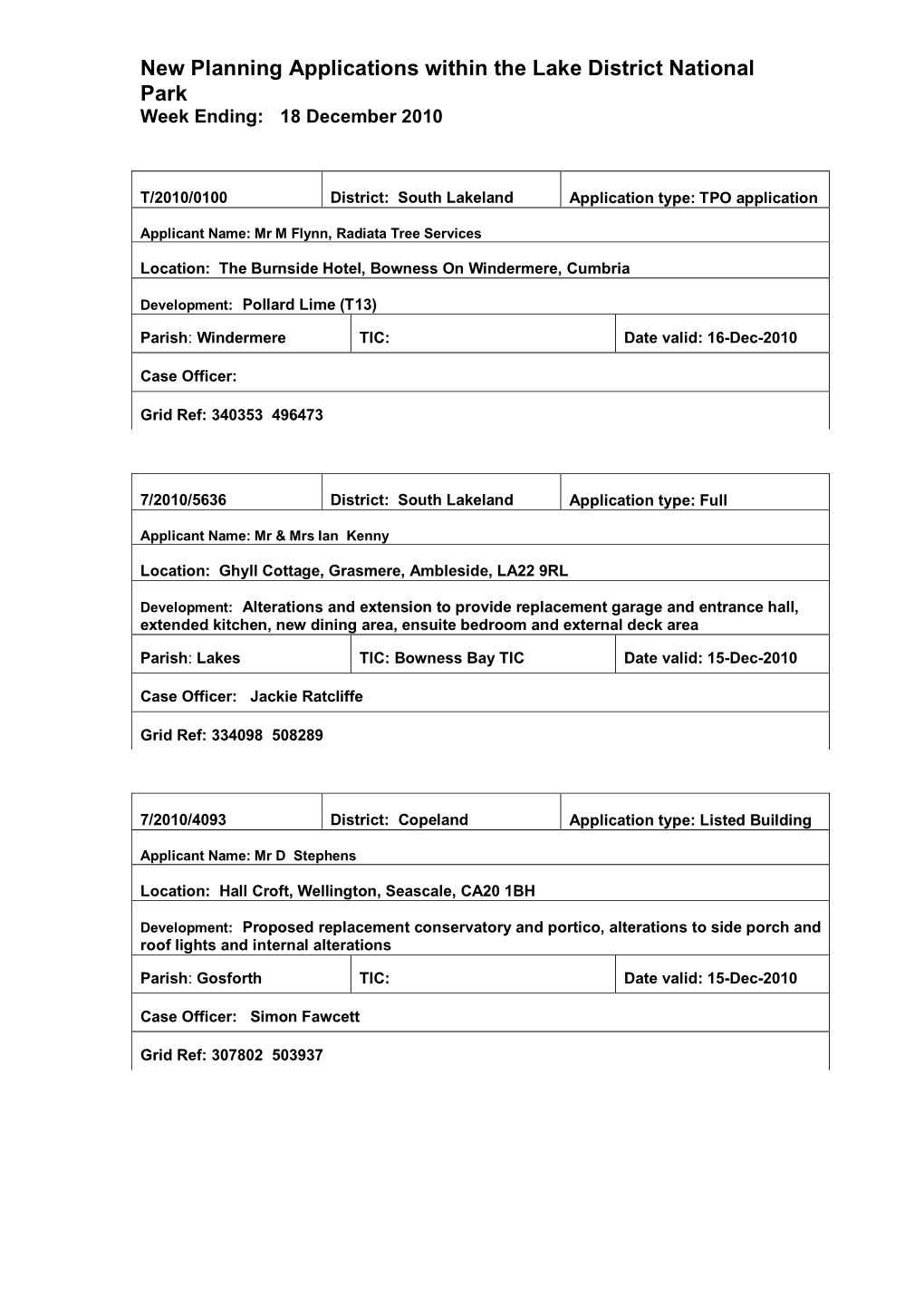 New Planning Applications Within the Lake District National Park Week Ending: 18 December 2010