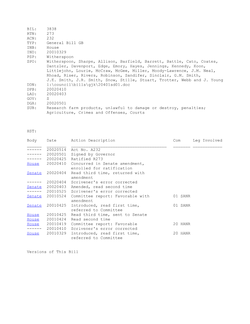 2001-2002 Bill 3838: Research Farm Products, Unlawful to Damage Or Destroy, Penalties;