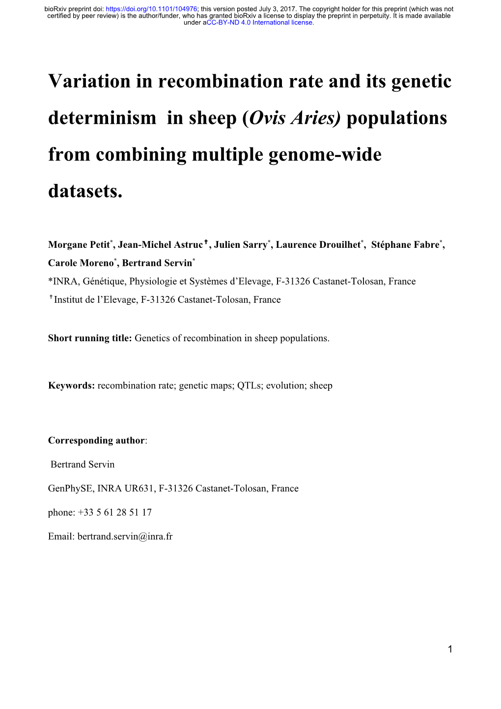 Variation in Recombination Rate and Its Genetic Determinism in Sheep (Ovis Aries) Populations ​ ​ from Combining Multiple Genome-Wide Datasets