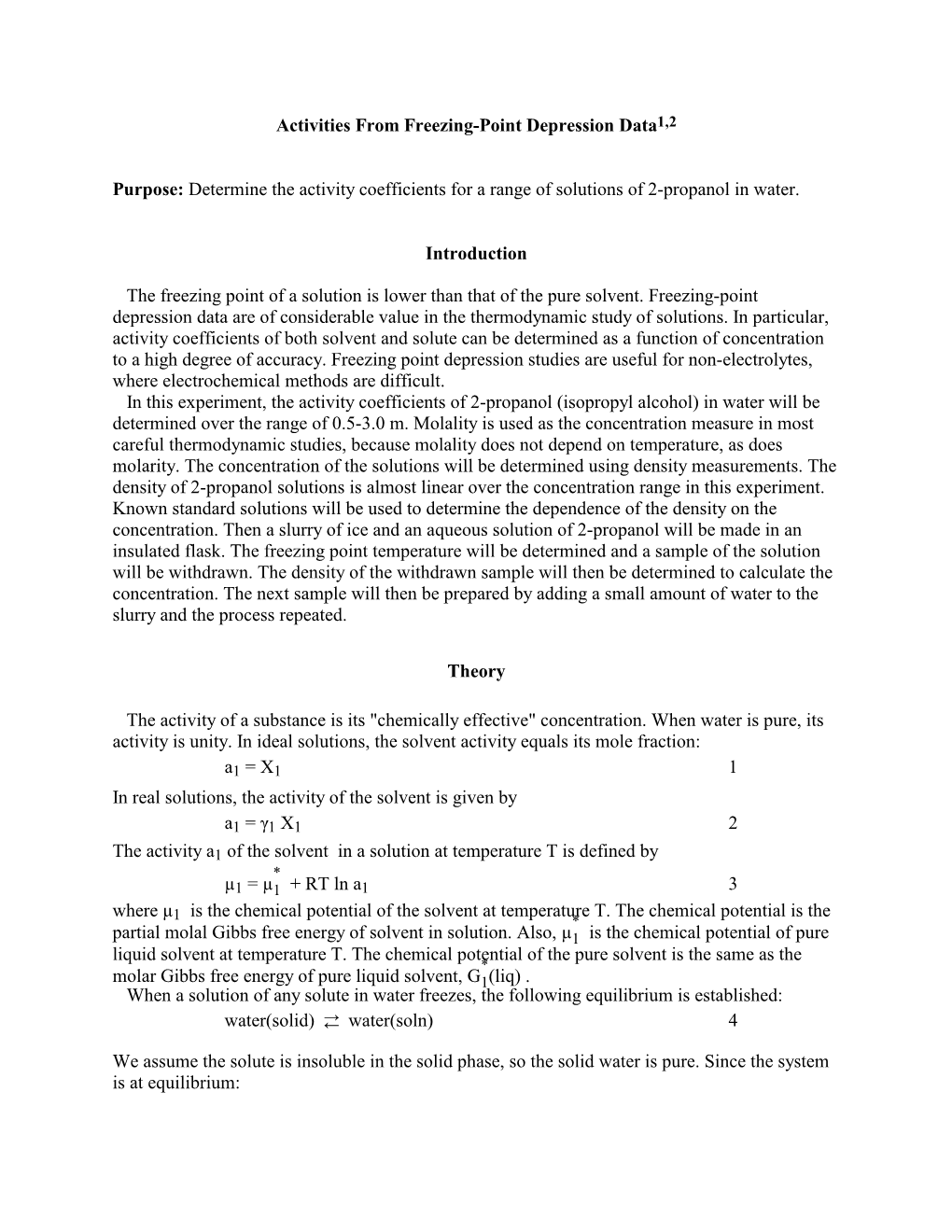 Activities from Freezing-Point Depression Data1,2 Purpose