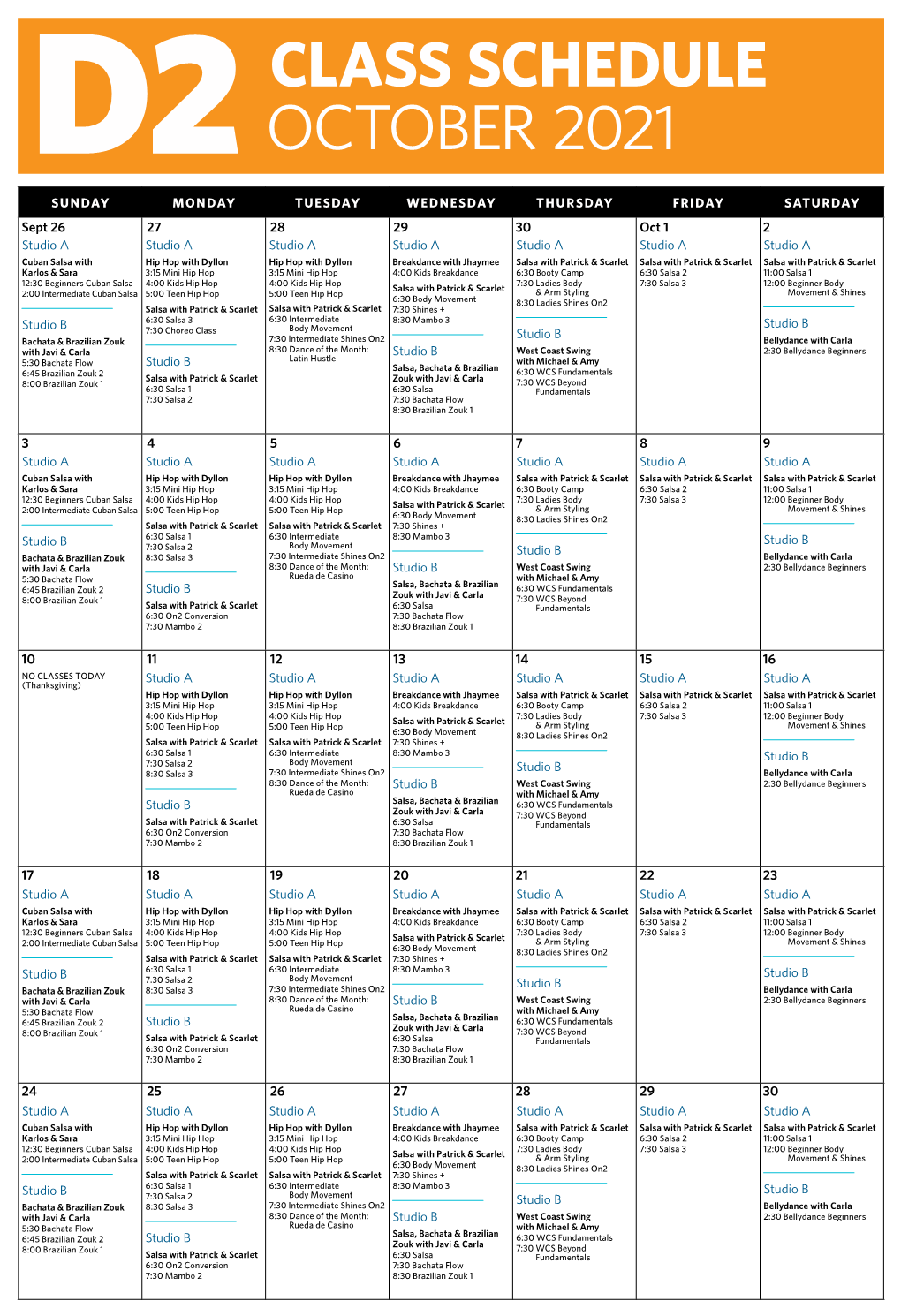 D2class Schedule September 2021