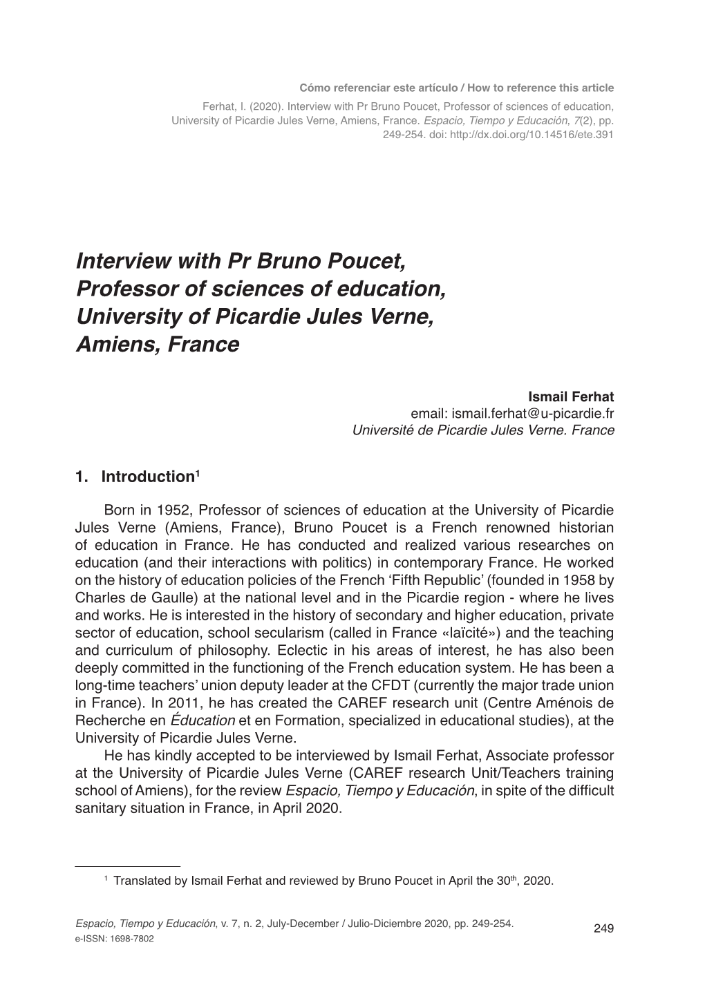 Interview with Pr Bruno Poucet, Professor of Sciences of Education, University of Picardie Jules Verne, Amiens, France