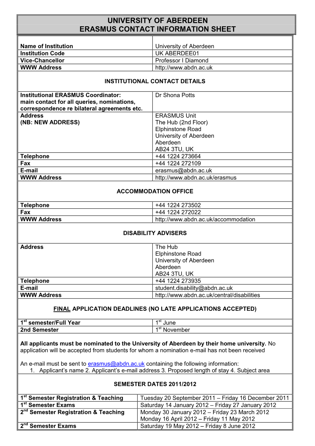 University of Aberdeen Erasmus Contact Information Sheet