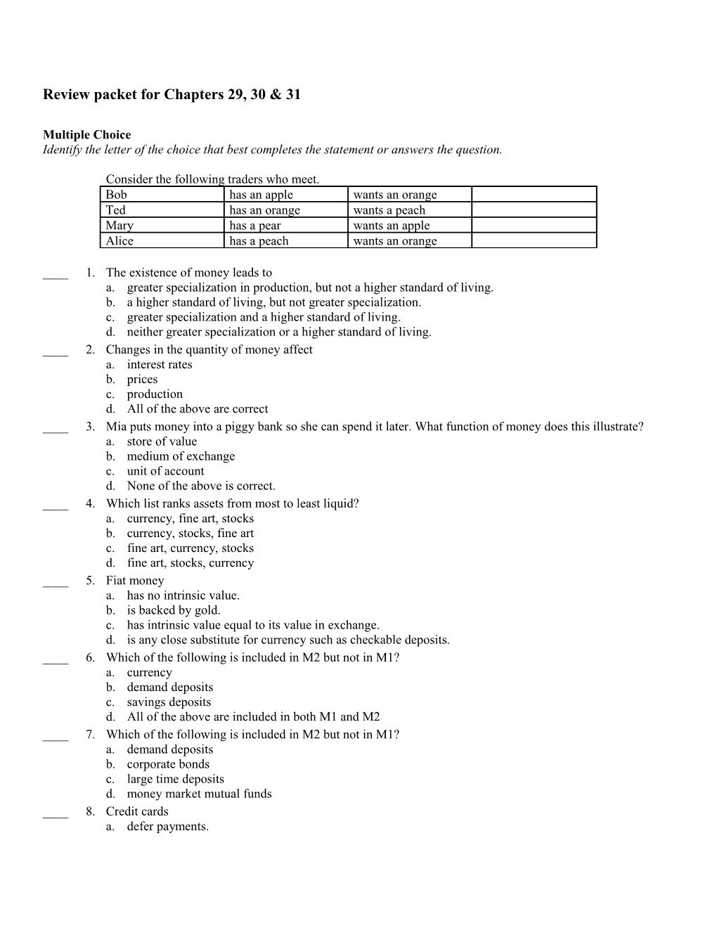 Review Packet for Chapters 29, 30 & 31