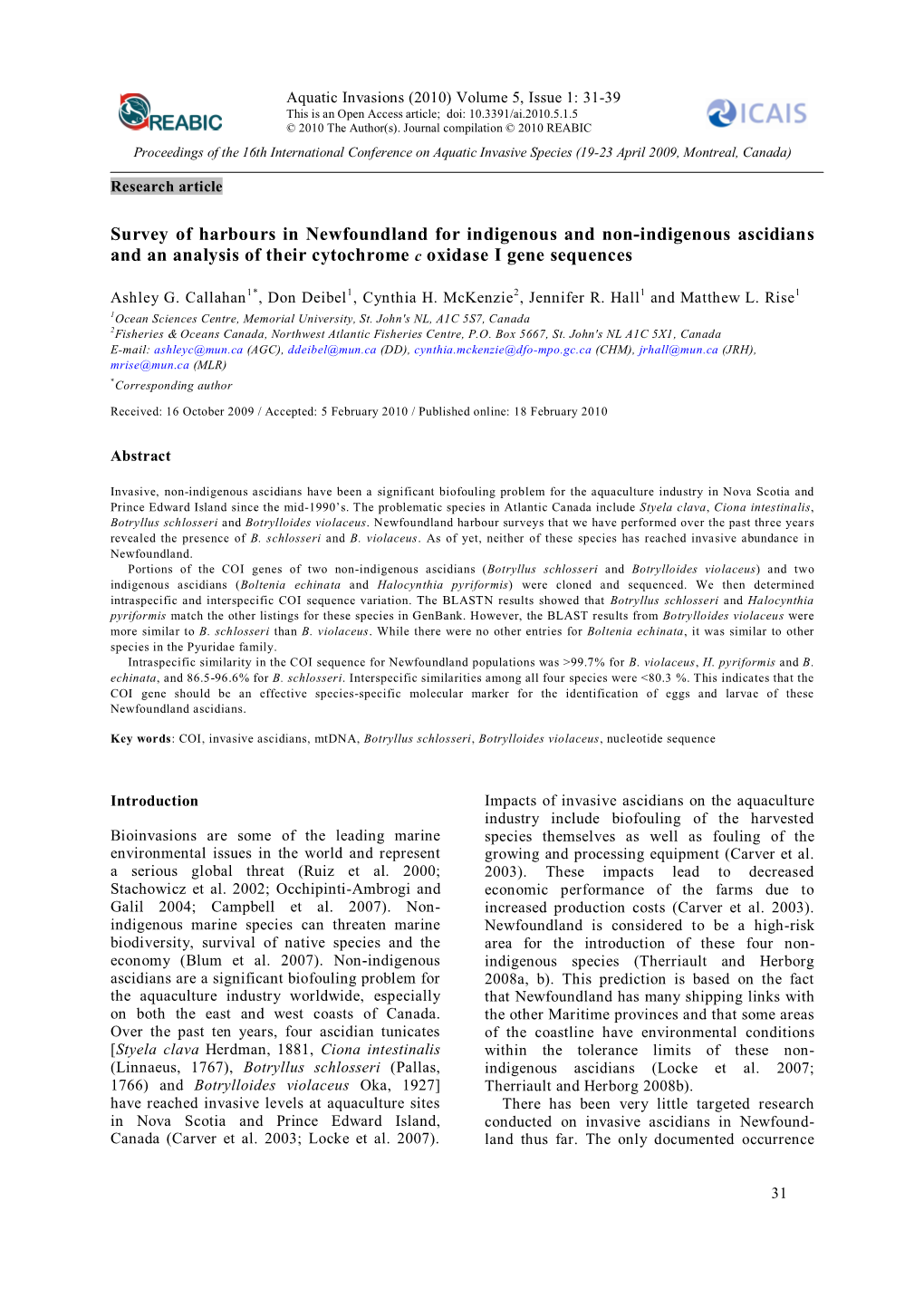 Survey of Harbours in Newfoundland for Indigenous and Non-Indigenous Ascidians and an Analysis of Their Cytochrome C Oxidase I Gene Sequences