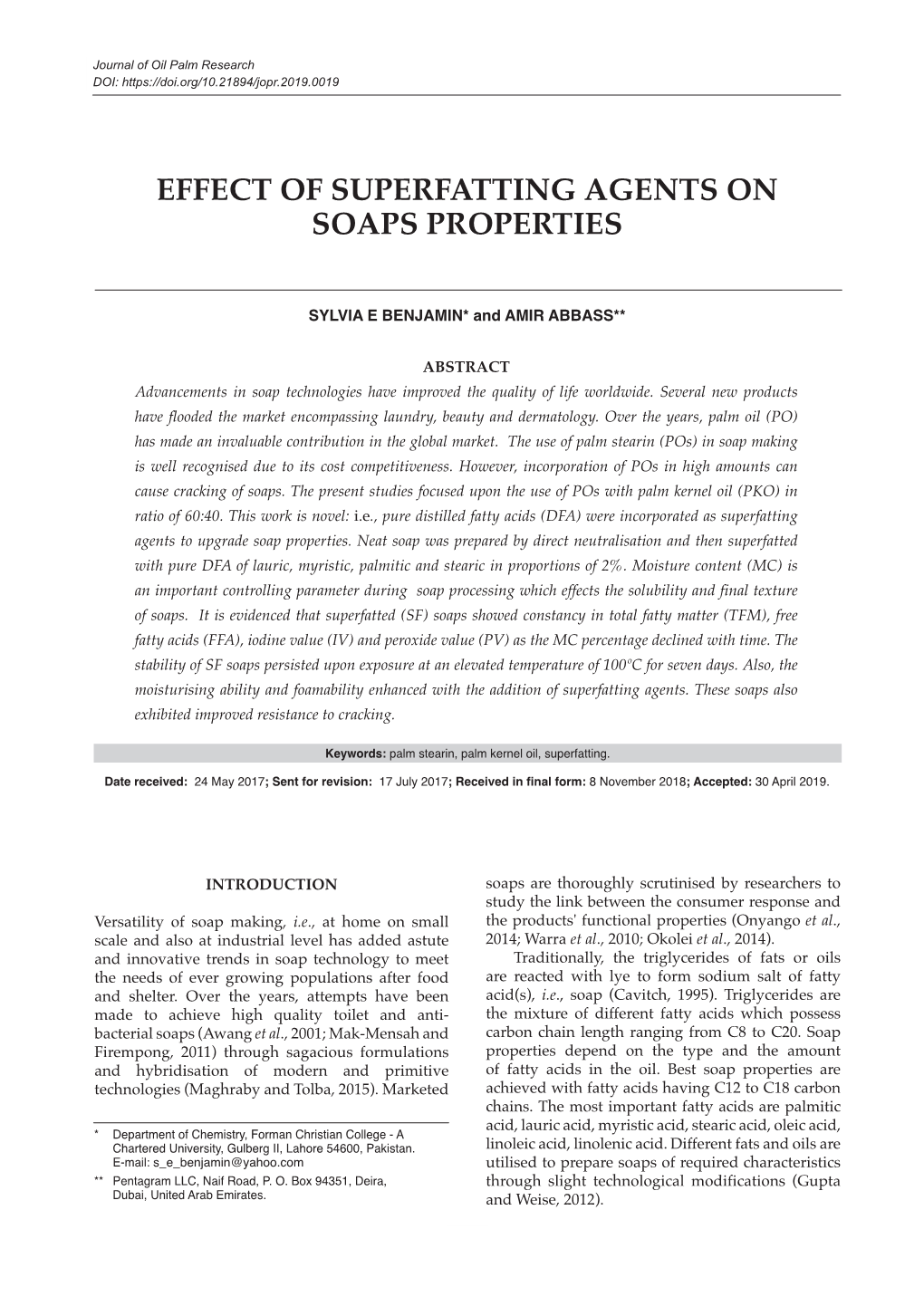 Effect of Superfatting Agents on Soaps Properties