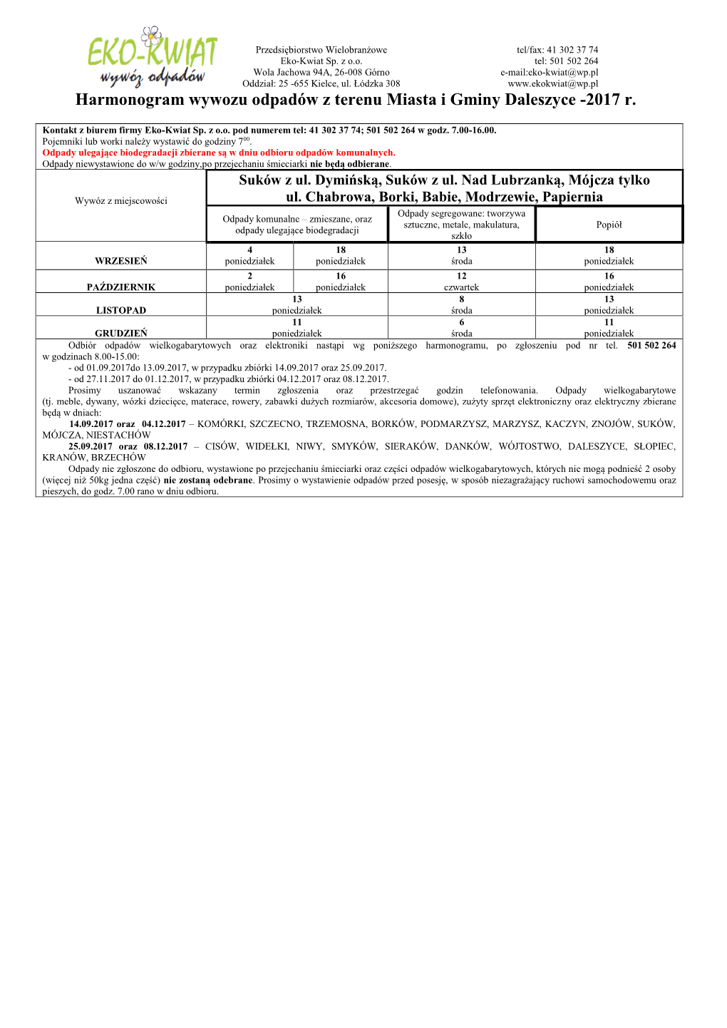 Harmonogram Wywozu Odpadów Z Terenu Miasta I Gminy Daleszyce -2017 R