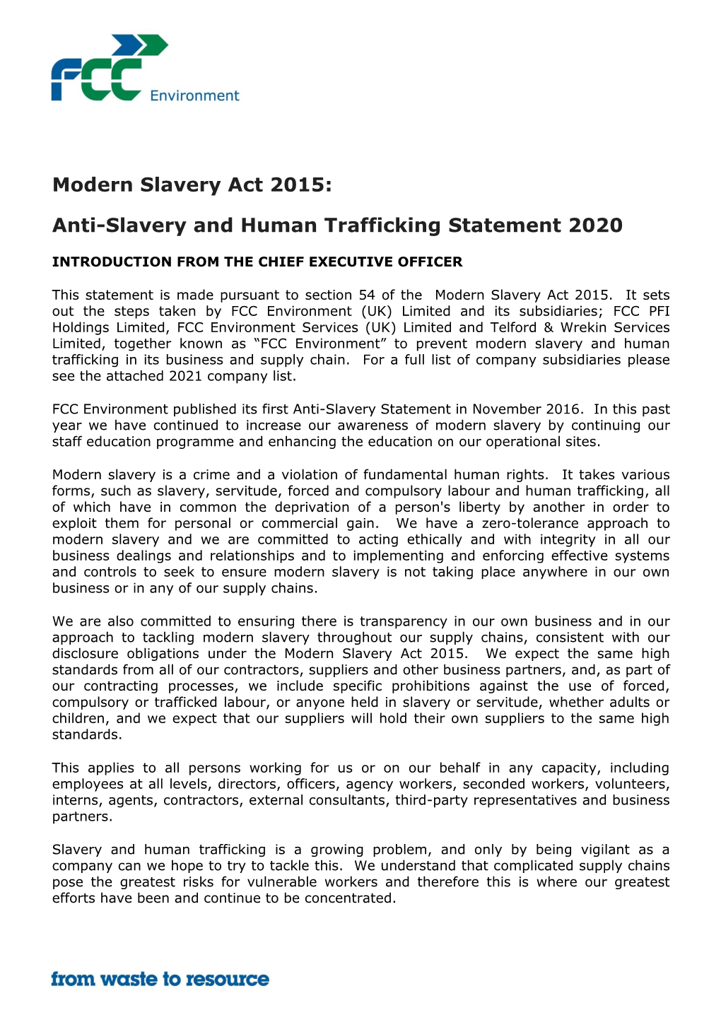 Anti-Slavery and Human Trafficking Statement 2020