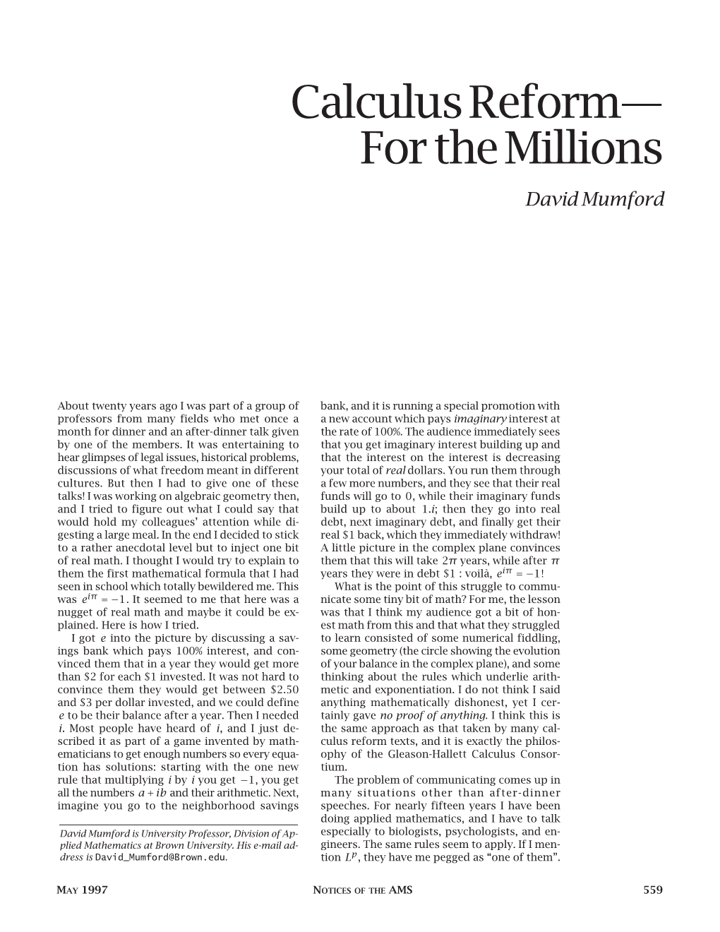 Calculus Reform--For the Millions