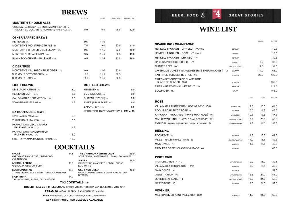 Brews Cocktails Wine List