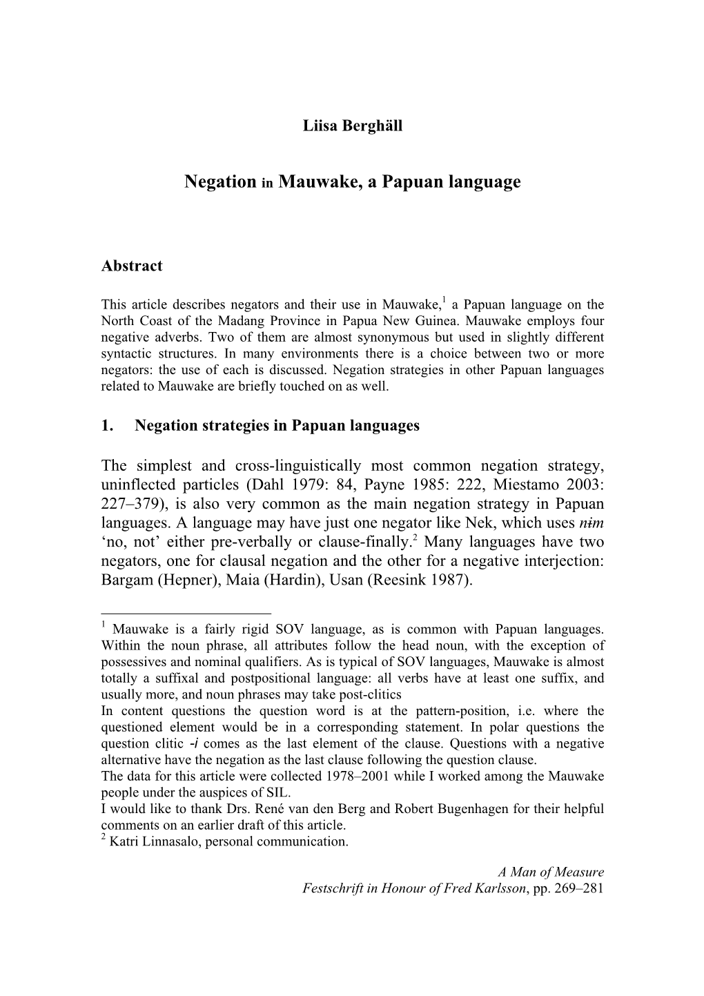 Negation in Mauwake, a Papuan Language