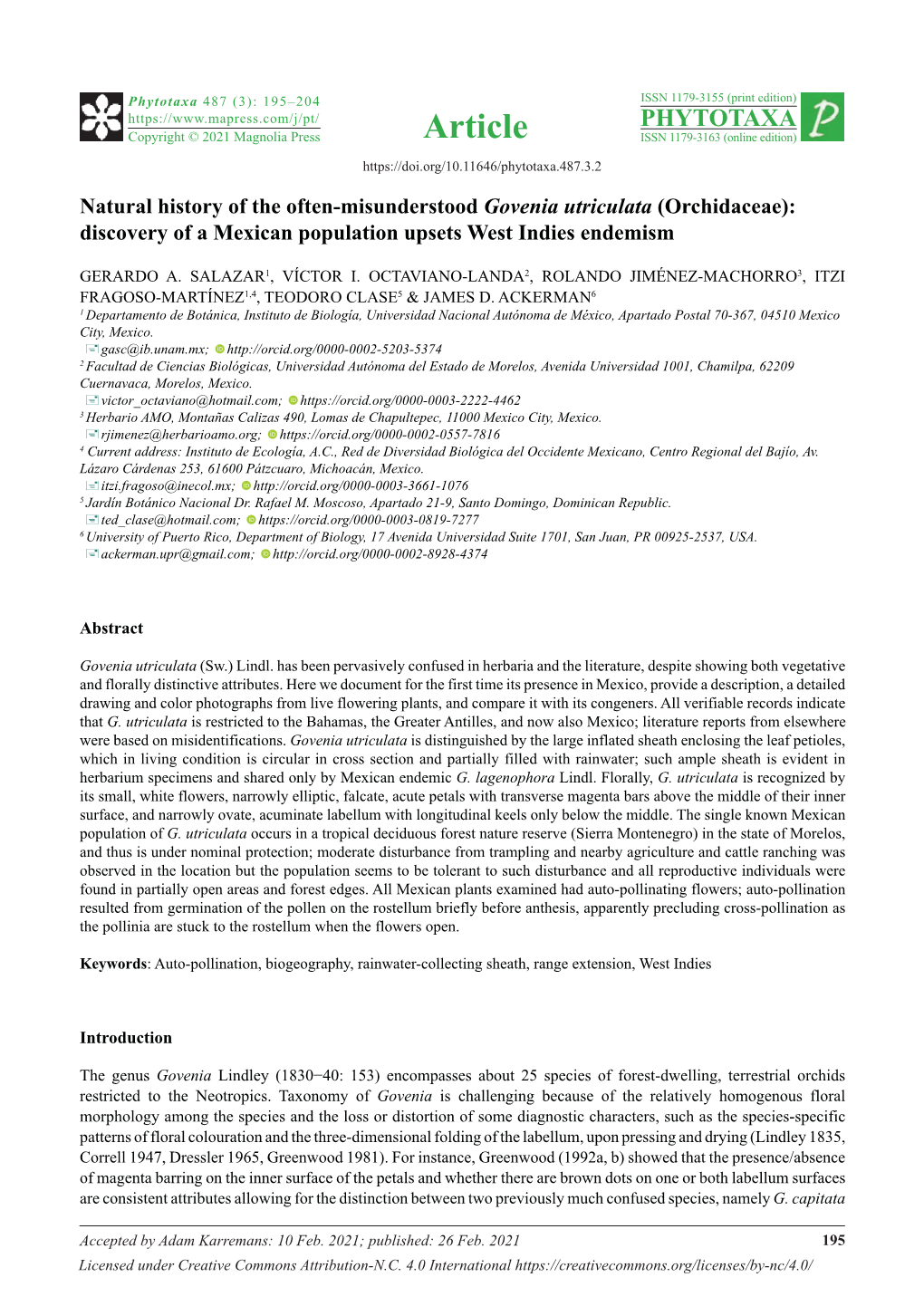 Natural History of the Often-Misunderstood Govenia Utriculata (Orchidaceae): Discovery of a Mexican Population Upsets West Indies Endemism