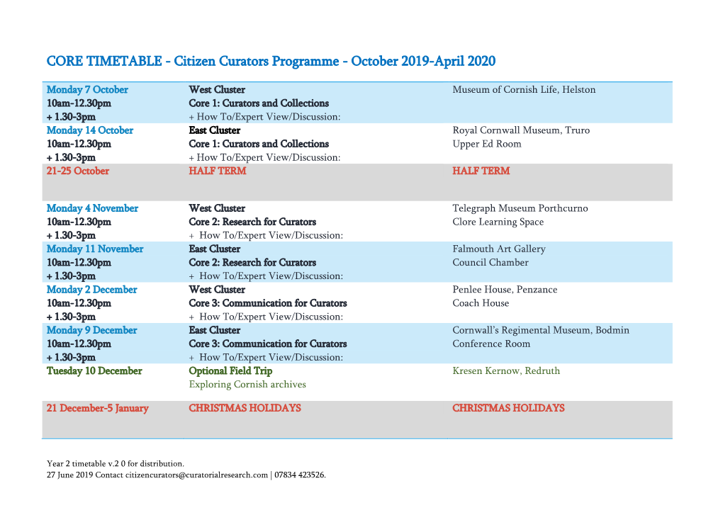CORE TIMETABLE - Citizen Curators Programme - October 2019-April 2020
