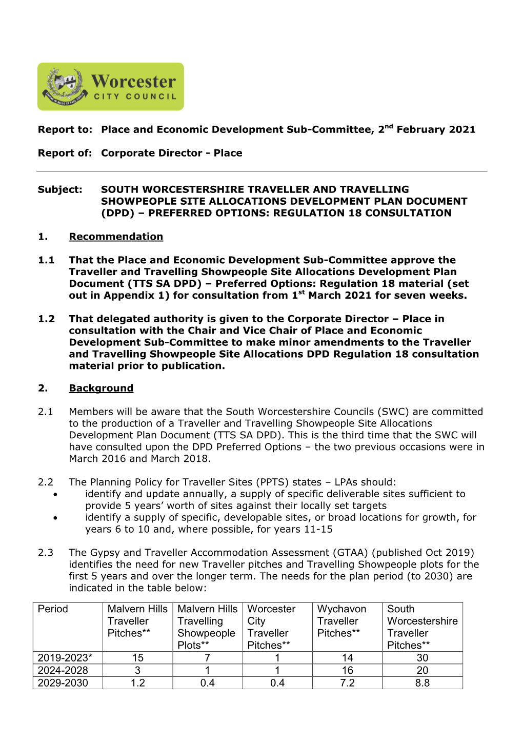 South Worcestershire Traveller and Travelling Showpeople Site Allocations Development Plan Document (Dpd) – Preferred Options: Regulation 18 Consultation