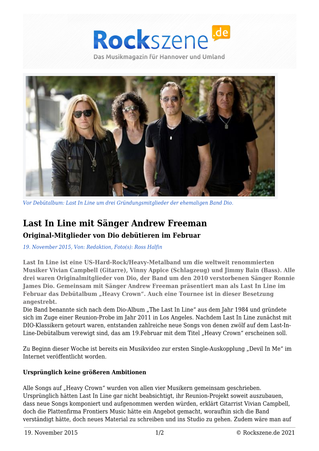 Last in Line Mit Sänger Andrew Freeman Original-Mitglieder Von Dio Debütieren Im Februar