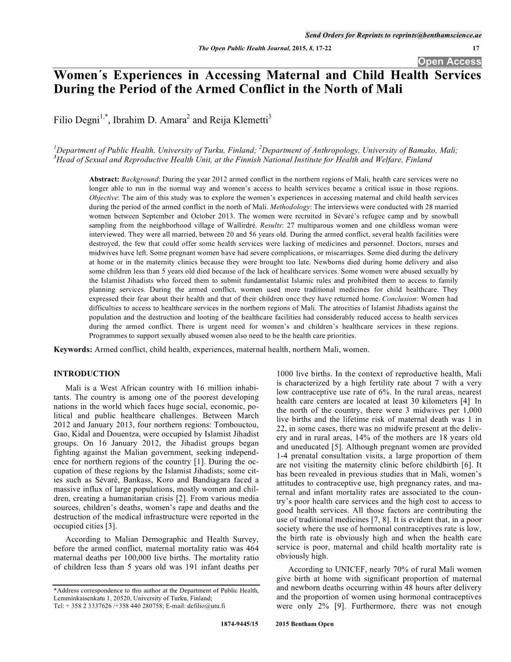 Women´S Experiences in Accessing Maternal and Child Health Services During the Period of the Armed Conflict in the North of Mali