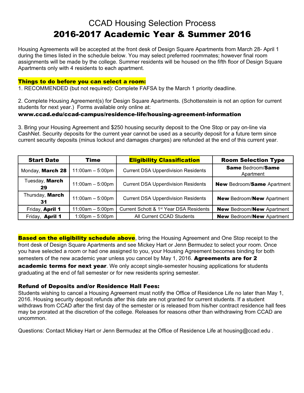 CCAD Housing Selection Process