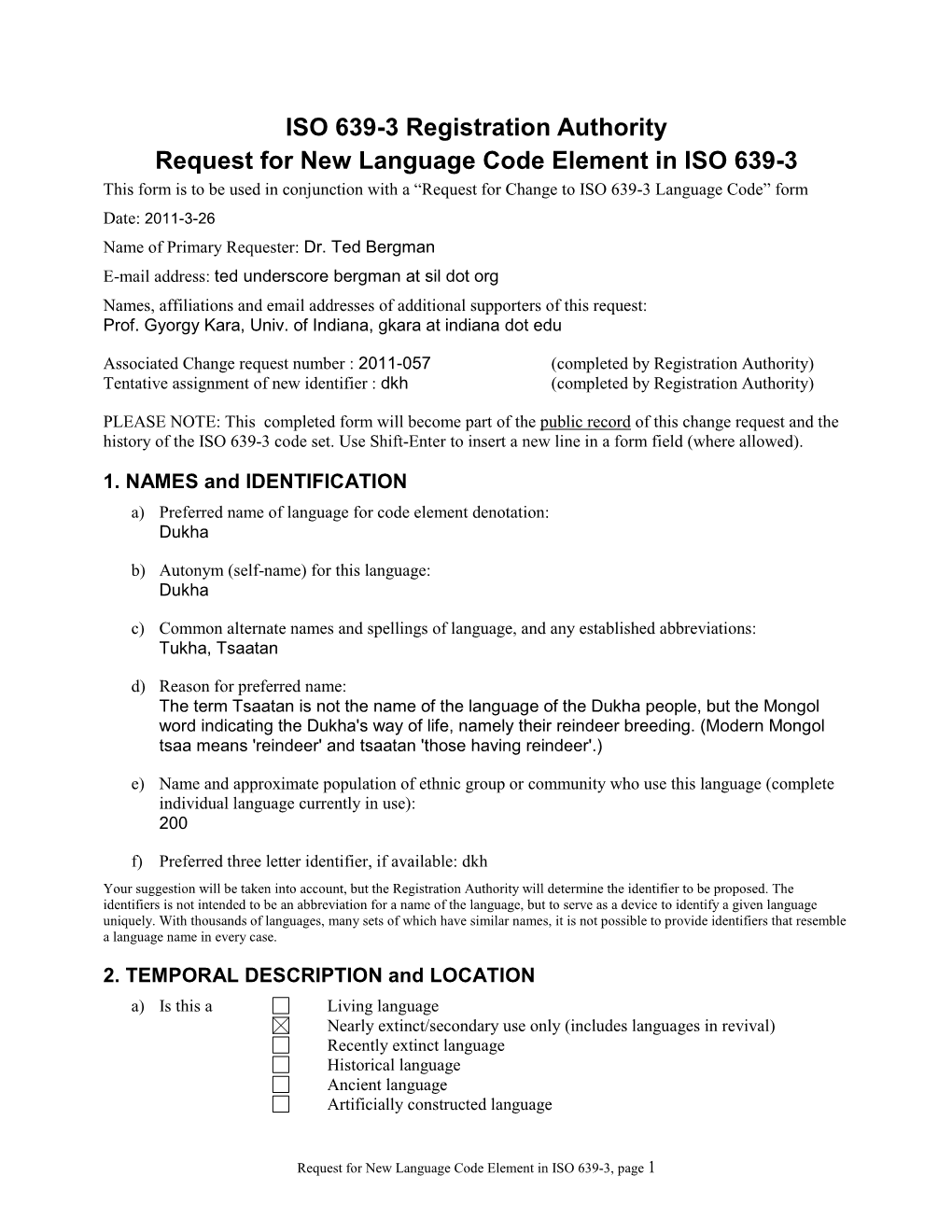 Request for New Language Code Element in ISO 639-3