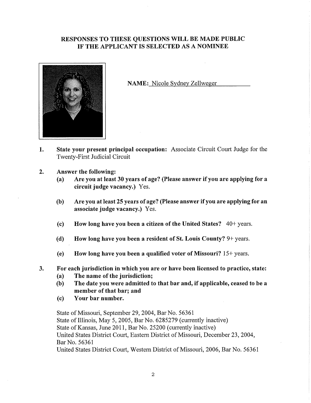 Application of Nicole Zellweger for Warner Circuit Judge Vacancy in St