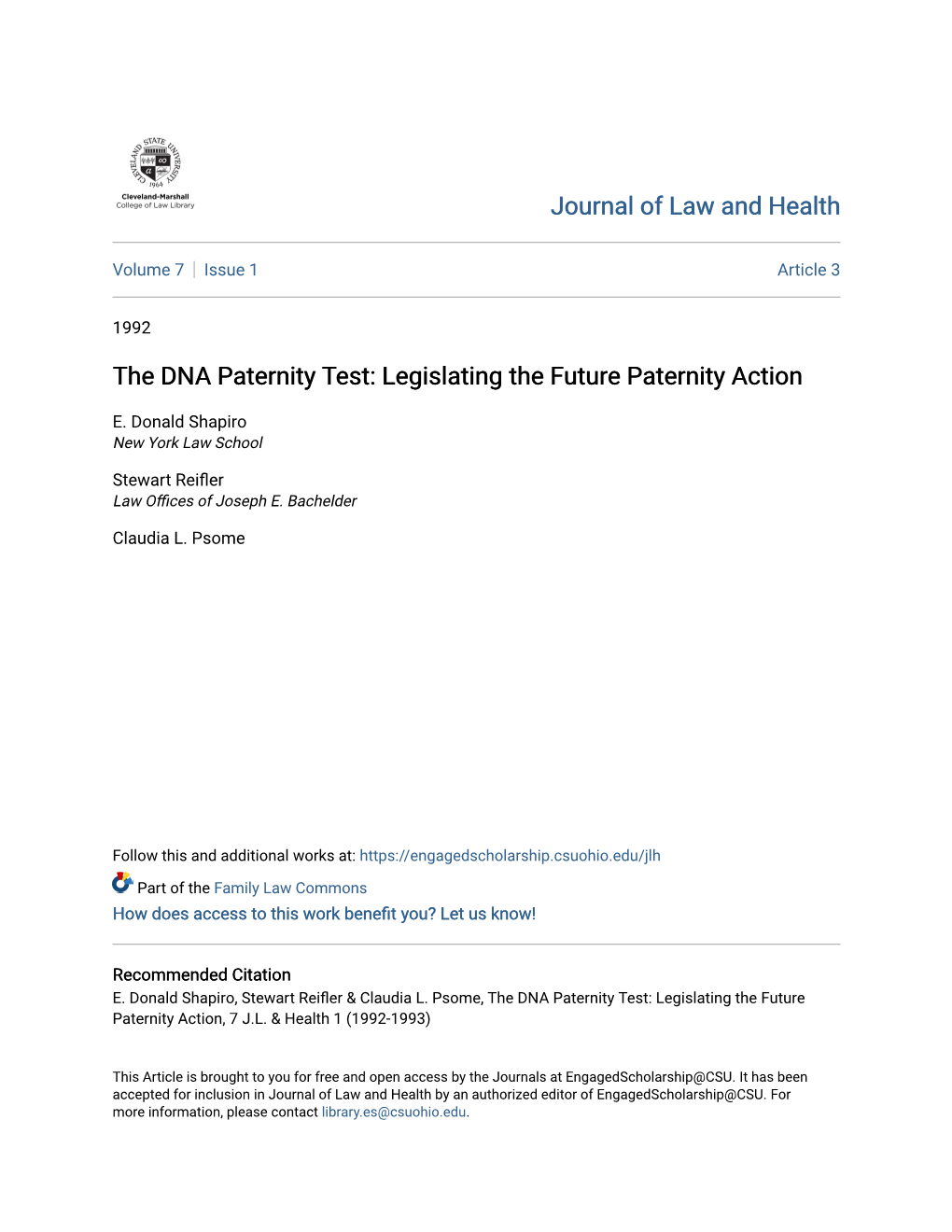 The DNA Paternity Test: Legislating the Future Paternity Action