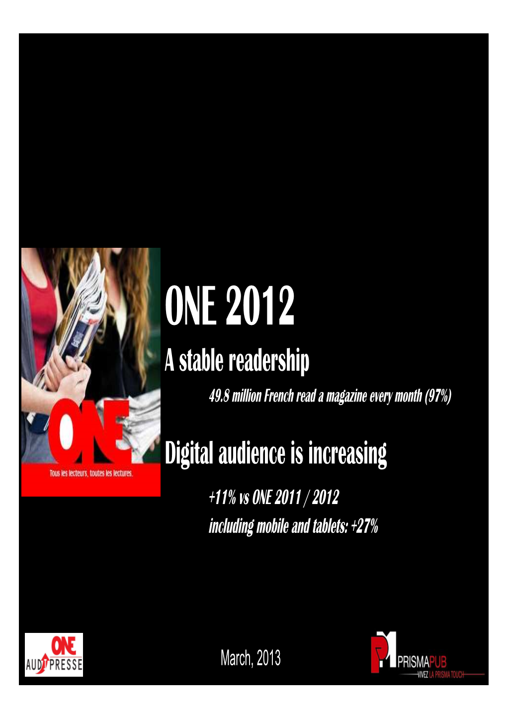 Readership 49.8 Million French Read a Magazine Every Month (97%) Digital Audience Is Increasing +11% Vs ONE 2011 / 2012 Including Mobile and Tablets: +27%