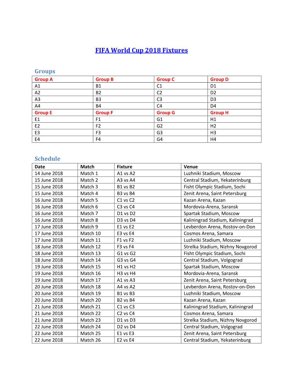 FIFA World Cup 2018 Fixtures