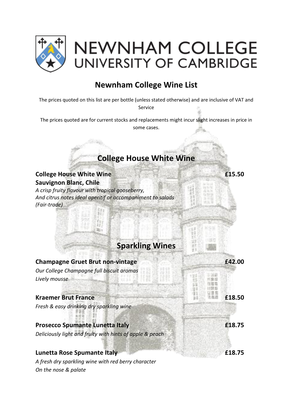 Newnham College Wine List College House White Wine Sparkling Wines