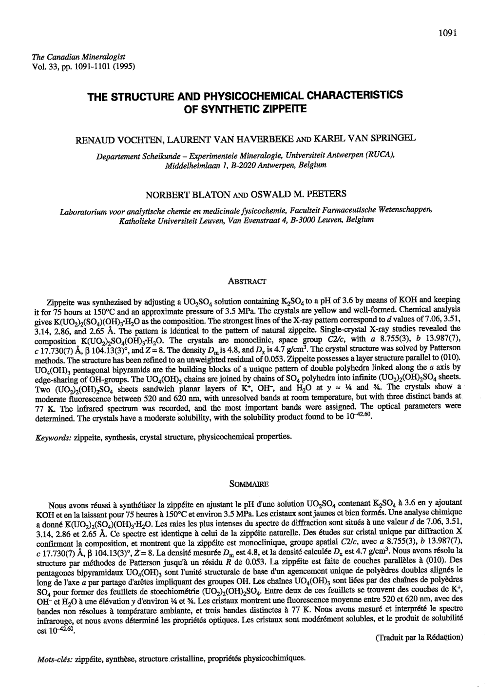 The Structure and Physicochemical Characteristics of Synthetic Zippeite