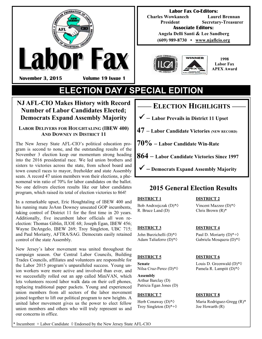 Labor Fax Co-Editors: Charles Wowkanech Laurel Brennan President Secretary-Treasurer Associate Editors: Angela Delli Santi & Lee Sandberg