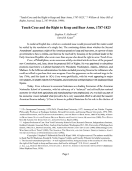 Tench Coxe and the Right to Keep and Bear Arms, 1787-1823,” 7 William & Mary Bill of Rights Journal, Issue 2, 347-99 (Feb