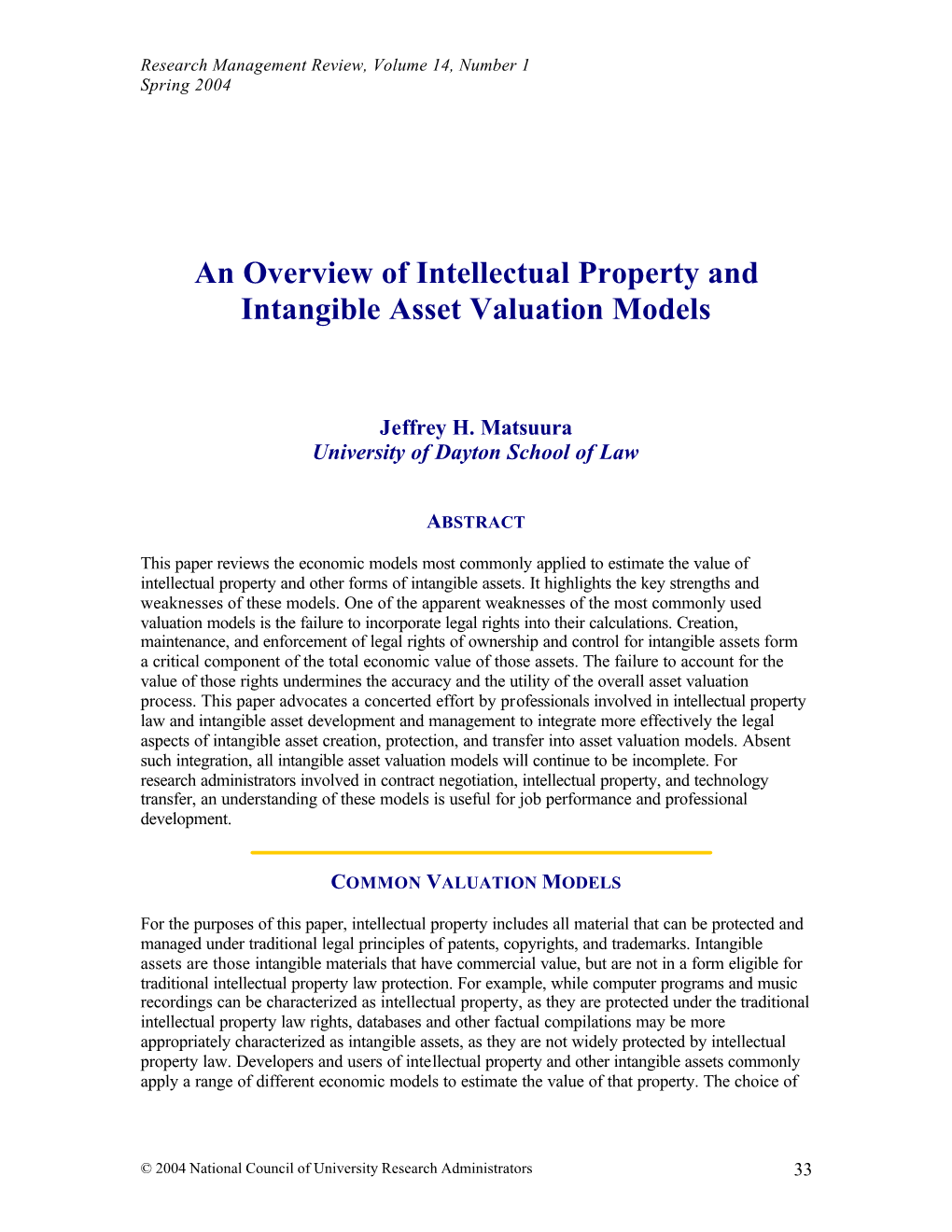 An Overview of Intellectual Property and Intangible Asset Valuation Models