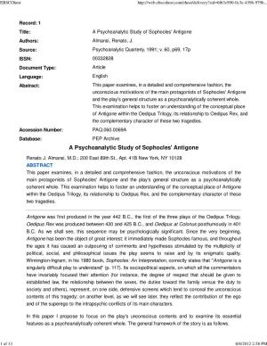 A Psychoanalytic Study of Sophocles' Antigone Authors: Almansi, Renato, J