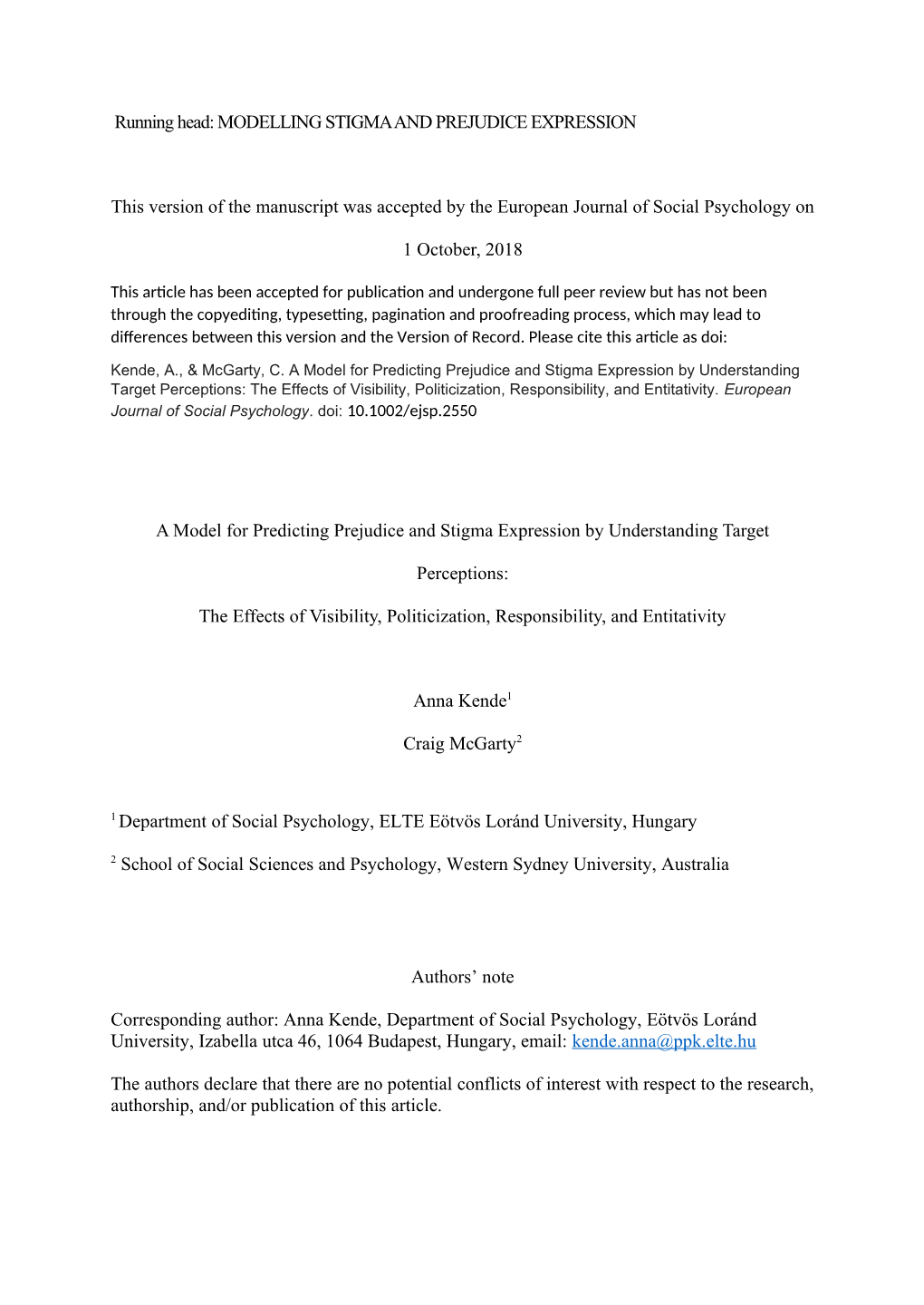 MODELLING STIGMA and PREJUDICE EXPRESSION This Version of the Manuscript Was Accepted by the European Journal of S