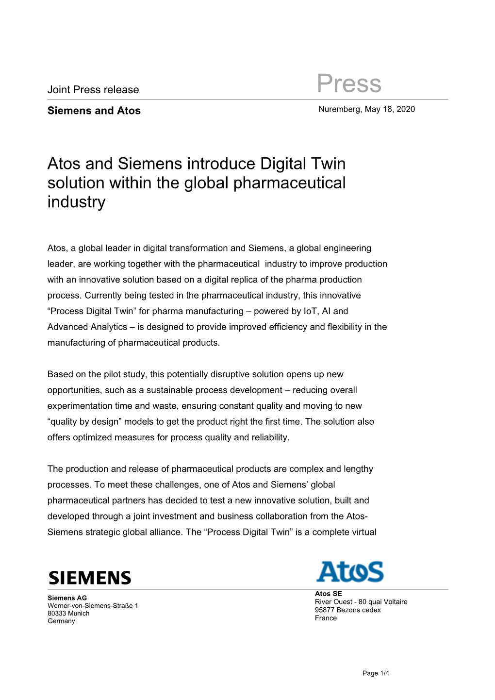 Atos and Siemens Introduce Digital Twin Solution Within the Global Pharmaceutical Industry