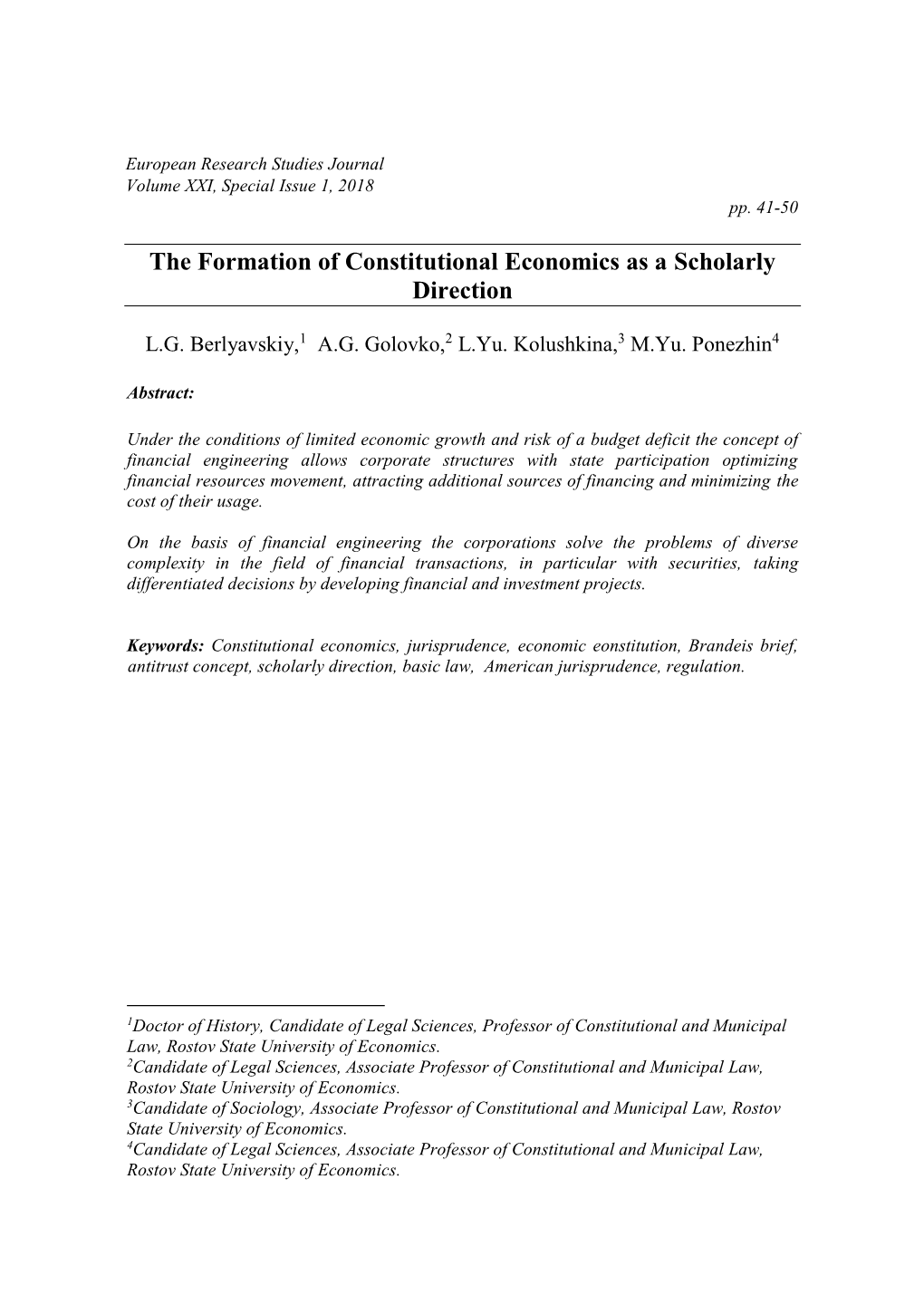 The Formation of Constitutional Economics As a Scholarly Direction