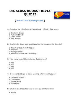 Dr. Seuss Books Trivia Quiz Ii