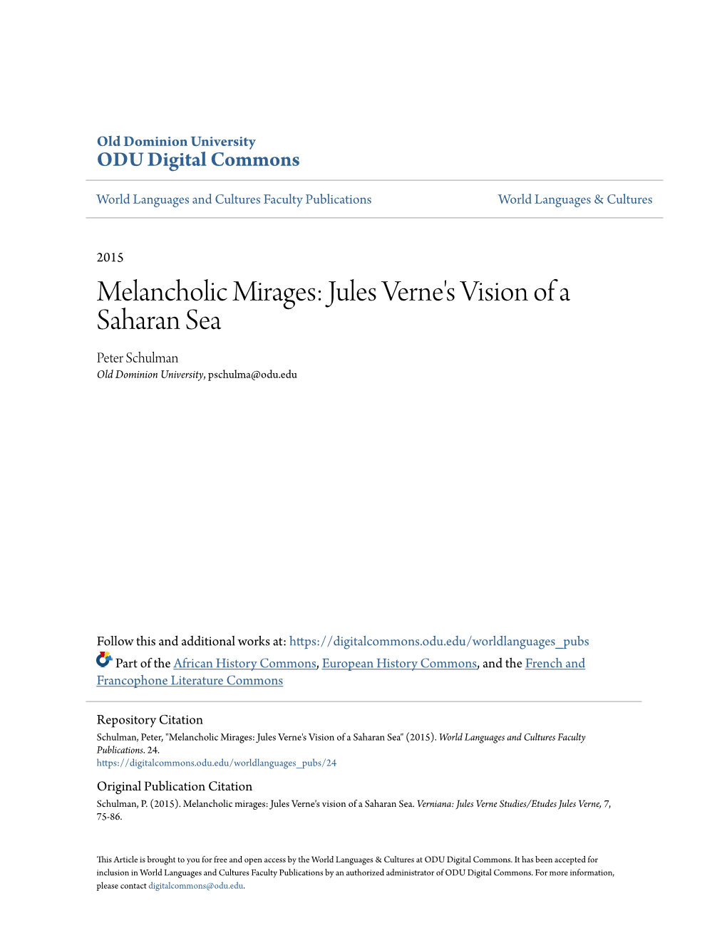 Jules Verne's Vision of a Saharan Sea Peter Schulman Old Dominion University, Pschulma@Odu.Edu