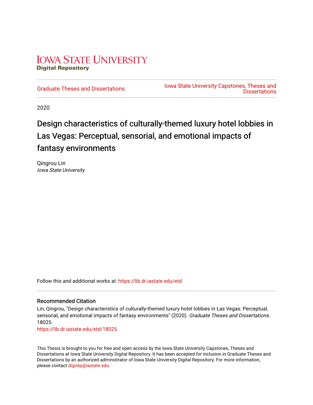 Design Characteristics of Culturally-Themed Luxury Hotel Lobbies in Las Vegas: Perceptual, Sensorial, and Emotional Impacts of Fantasy Environments