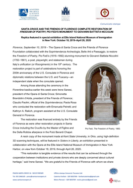 Comunicato Stampa SANTA CROCE and the FRIENDS of FLORENCE COMPLETE RESTORATION of FREEDOM of POETRY, PIO FEDI's MONUMENT to GI