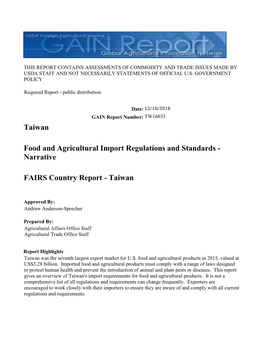 Taiwan Food and Agricultural Import Regulations and Standards