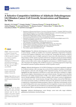 A Selective Competitive Inhibitor of Aldehyde Dehydrogenase 1A3 Hinders Cancer Cell Growth, Invasiveness and Stemness in Vitro
