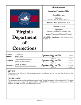 Dental Services Authority: Directive 720, Health Care Services Effective Date: September 1, 2020 Amended: 12/1/20 Supersedes: Operating Procedure 720.6, May 1, 2019