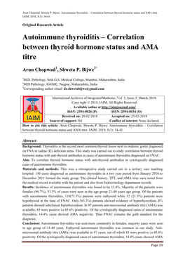 Autoimmune Thyroiditis – Correlation Between Thyroid Hormone Status and AMA Titre