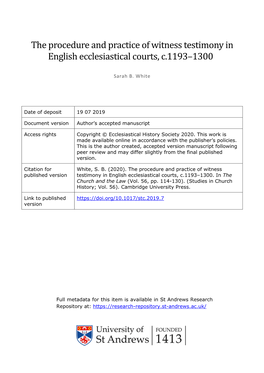 The Procedure and Practice of Witness Testimony in English Ecclesiastical Courts, C.1193–1300