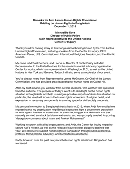 Remarks for Tom Lantos Human Rights Commission Briefing on Human Rights in Bangladesh December 1, 2015