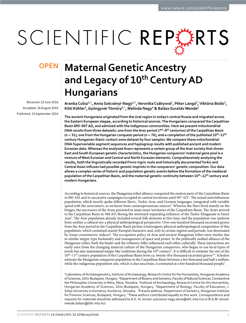 Maternal Genetic Ancestry and Legacy of 10Th Century AD Hungarians