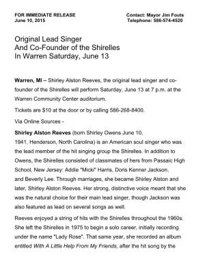 Original Lead Singer and Co-Founder of the Shirelles in Warren Saturday, June 13